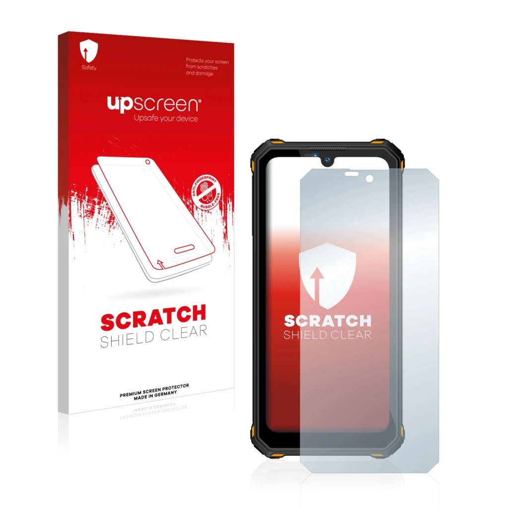 Face avant d’un emballage produit avec le logo de la marque upscreen. À côté, l’appareil Oukitel WP15 5G est représenté avec l