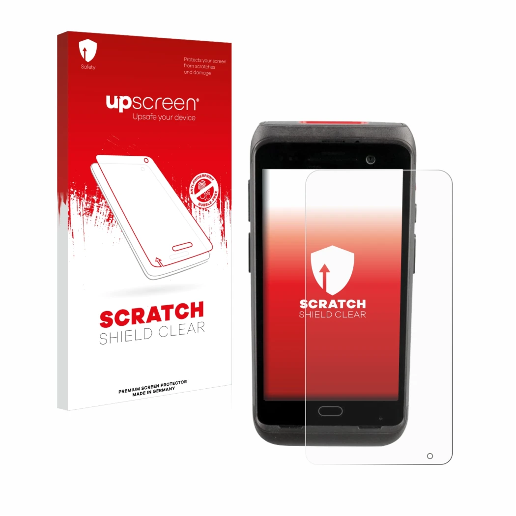 Face avant d’un emballage produit avec le logo de la marque upscreen. À côté, l’appareil Honeywell CT40 XP est représenté avec