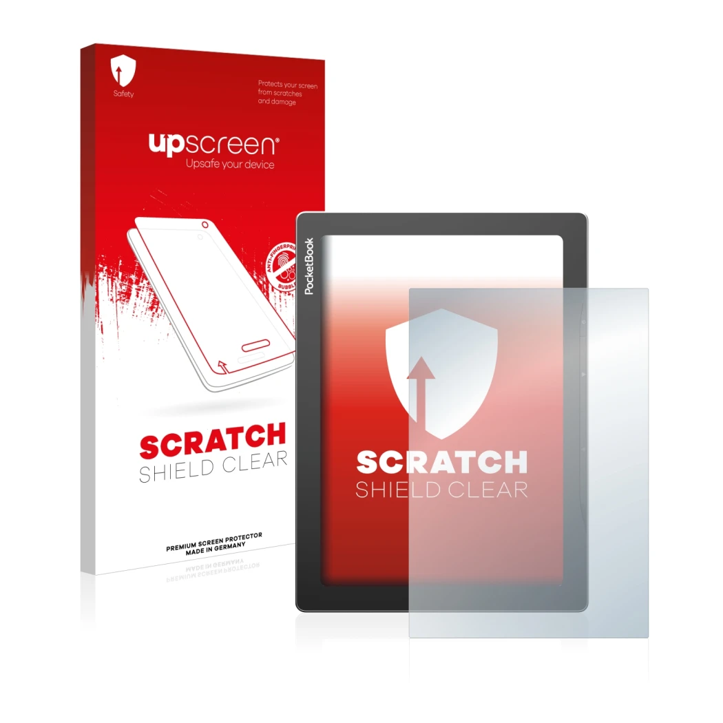 Face avant d’un emballage produit avec le logo de la marque upscreen. À côté, l’appareil PocketBook InkPad Lite est représenté