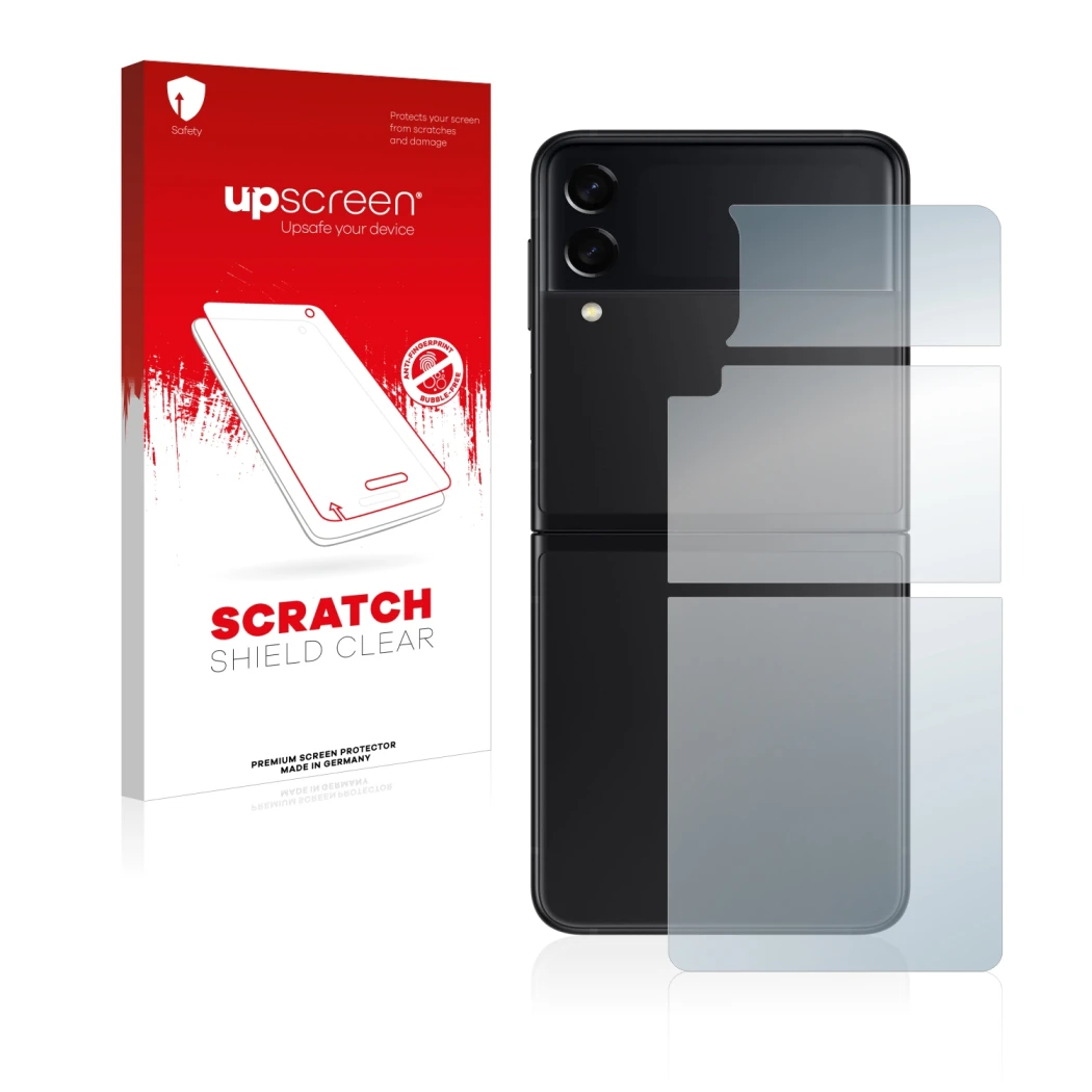 Face avant d’un emballage produit avec le logo de la marque upscreen. À côté, l’appareil Samsung Galaxy Z Flip 3 5G (Arrière)