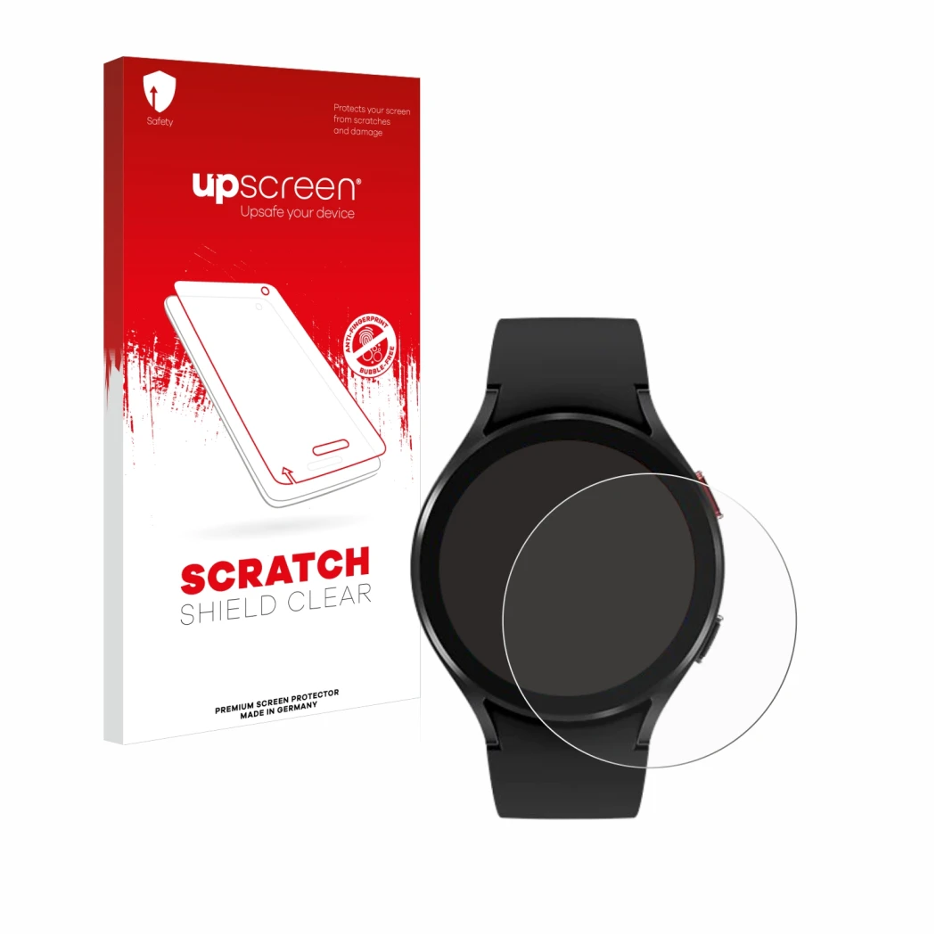 Face avant d’un emballage produit avec le logo de la marque upscreen. À côté, l’appareil Samsung Galaxy Watch 4 (44mm) est rep