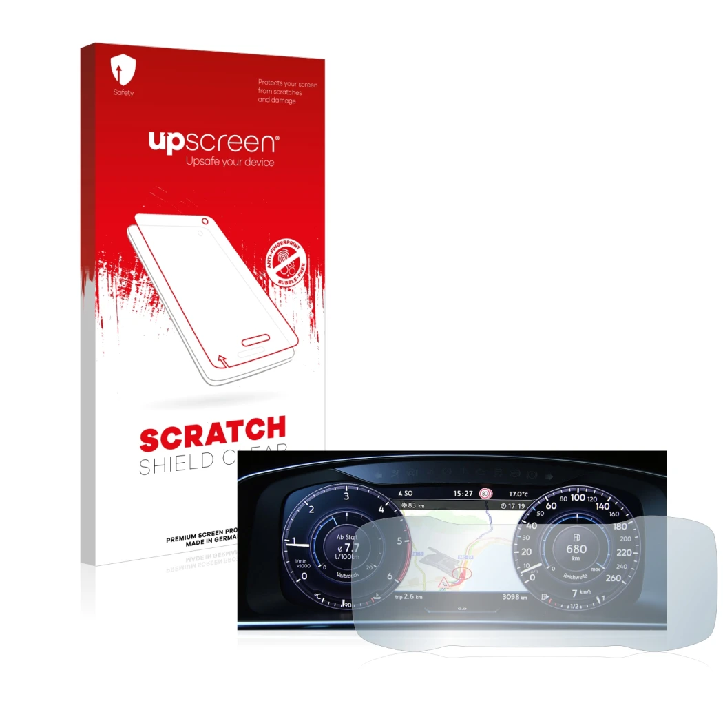 Face avant d’un emballage produit avec le logo de la marque upscreen. À côté, l’appareil Volkswagen Golf 7 Facelift (2016-2019