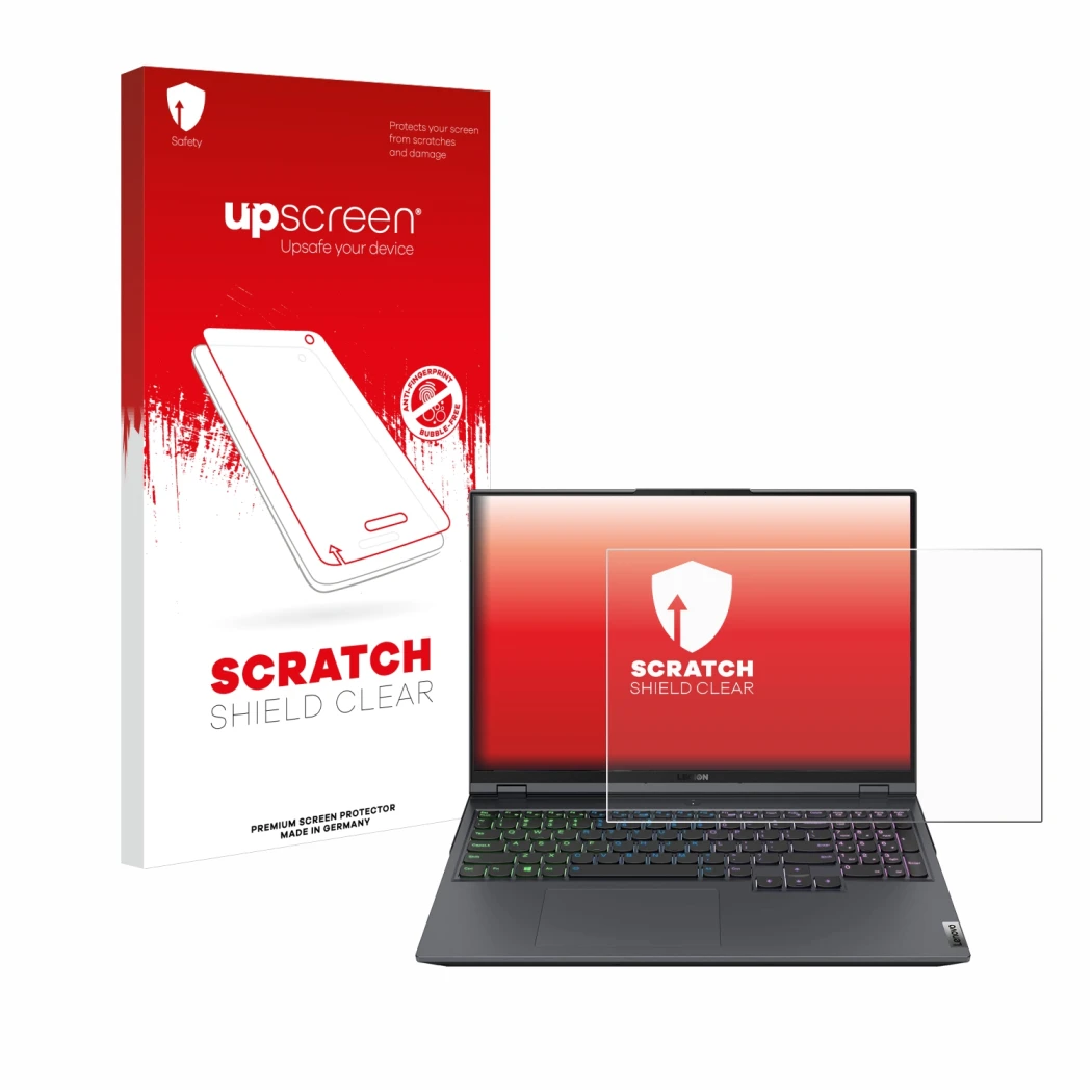 Face avant d’un emballage produit avec le logo de la marque upscreen. À côté, l’appareil Lenovo Legion 5 Pro est représenté av