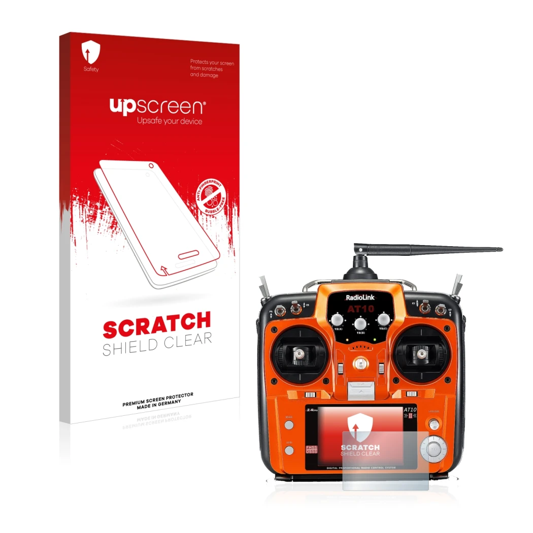 Face avant d’un emballage produit avec le logo de la marque upscreen. À côté, l’appareil RadioLink AT10II est représenté avec