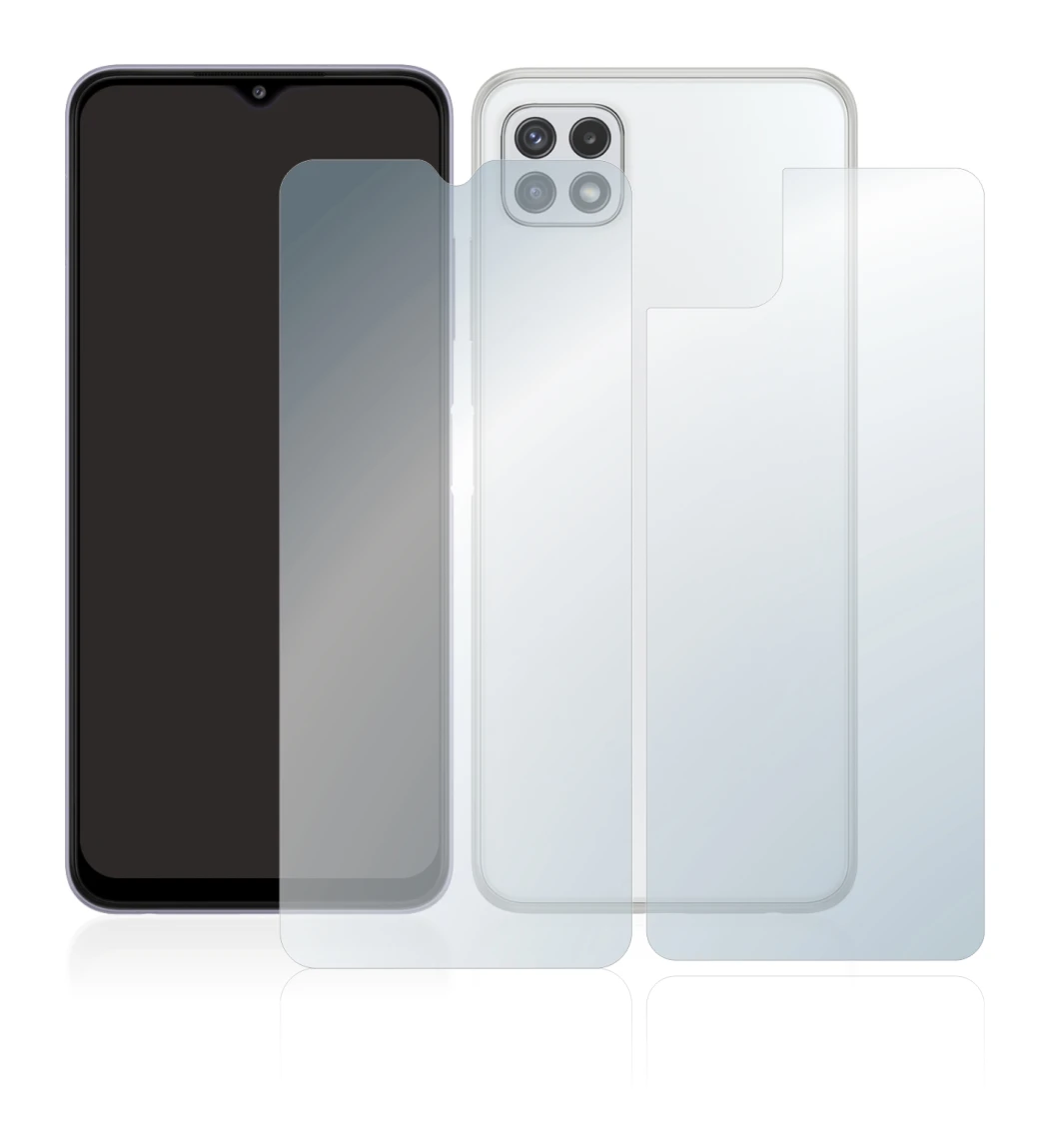 Image de l'appareil Samsung Galaxy A22 5G (Avant+Arrière) avec une grande variété de protections d'écran.