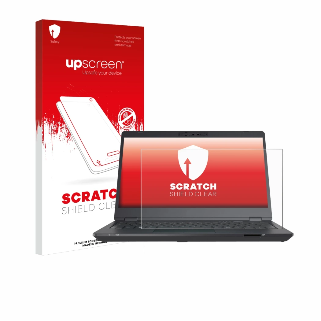 Face avant d’un emballage produit avec le logo de la marque upscreen. À côté, l’appareil Fujitsu Lifebook U7311 est représenté