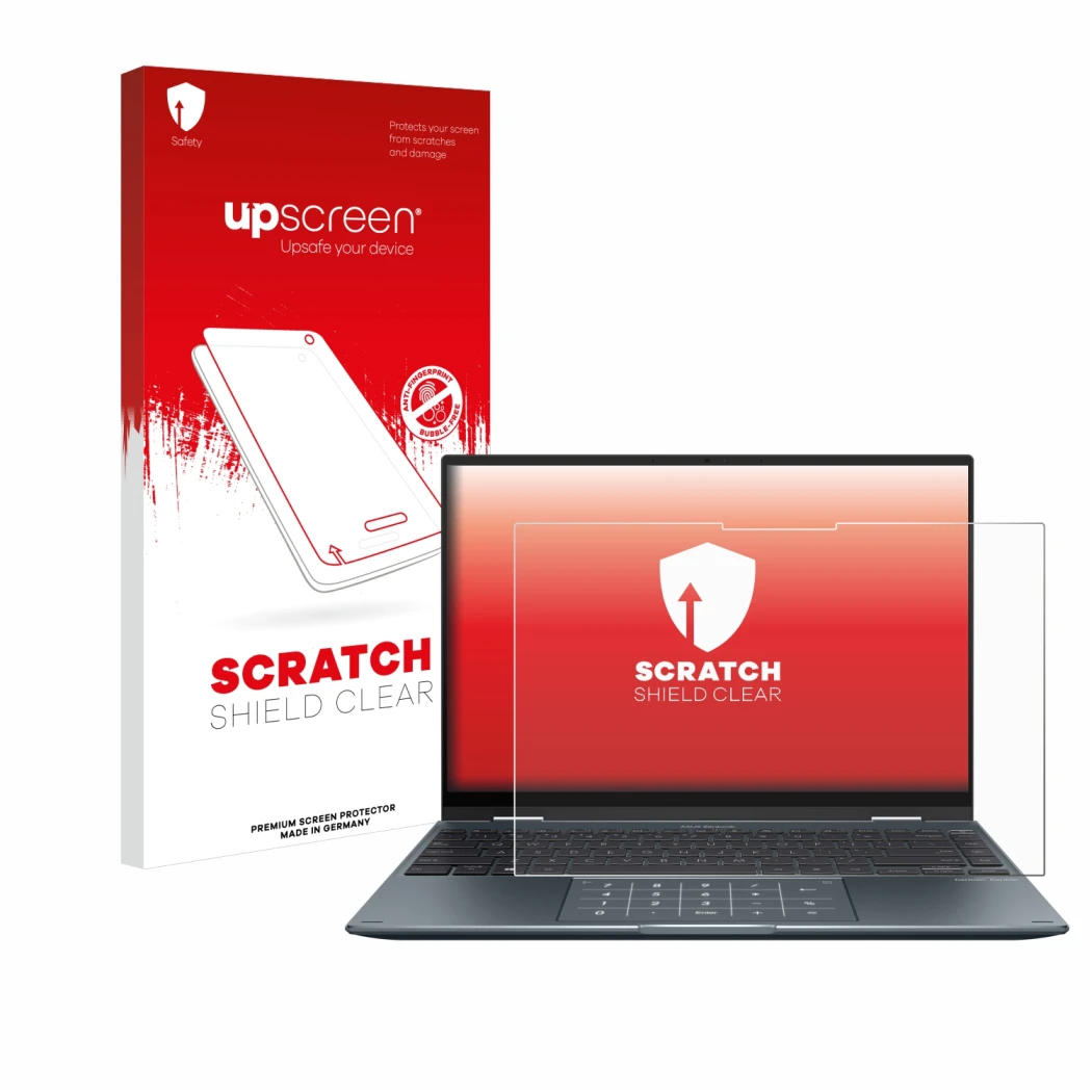 Face avant d’un emballage produit avec le logo de la marque upscreen. À côté, l’appareil ASUS ZenBook 14 Flip OLED est représe