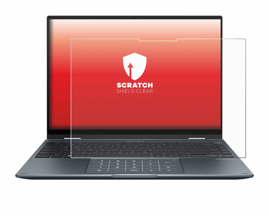 Image de l'appareil ASUS ZenBook 14 Flip OLED avec une grande variété de protections d'écran.