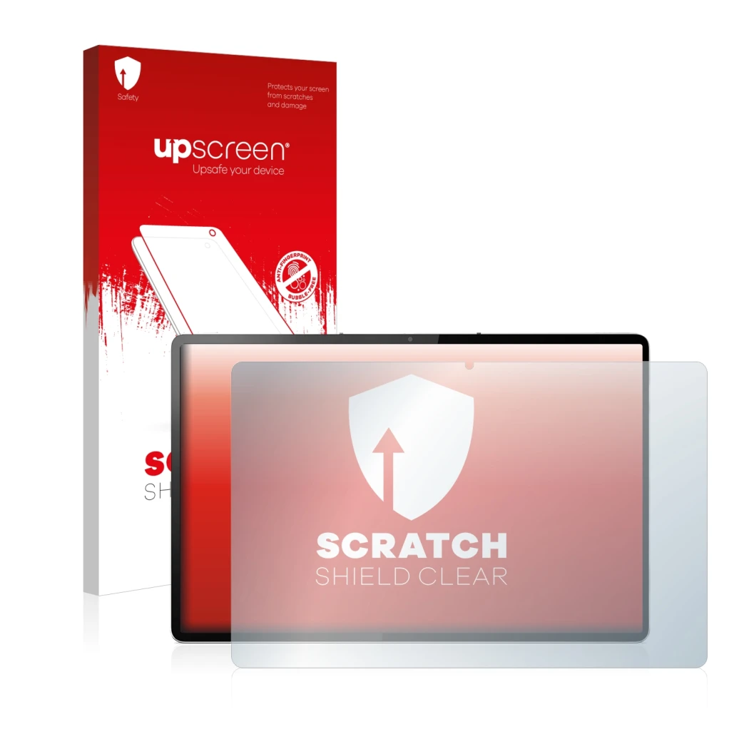 Face avant d’un emballage produit avec le logo de la marque upscreen. À côté, l’appareil Lenovo Tab P12 Pro est représenté ave