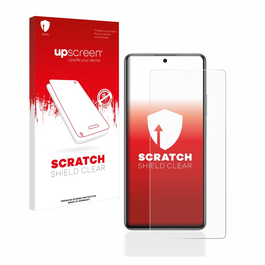 Face avant d’un emballage produit avec le logo de la marque upscreen. À côté, l’appareil Xiaomi 11T Pro est représenté avec la