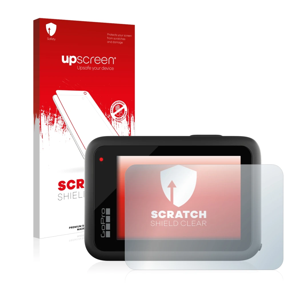 Face avant d’un emballage produit avec le logo de la marque upscreen. À côté, l’appareil GoPro Hero 10 Black est représenté av