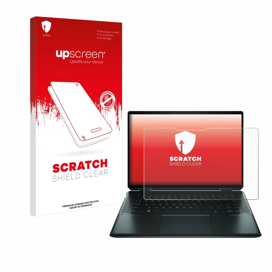 Face avant d’un emballage produit avec le logo de la marque upscreen. À côté, l’appareil HP Spectre x360 16
