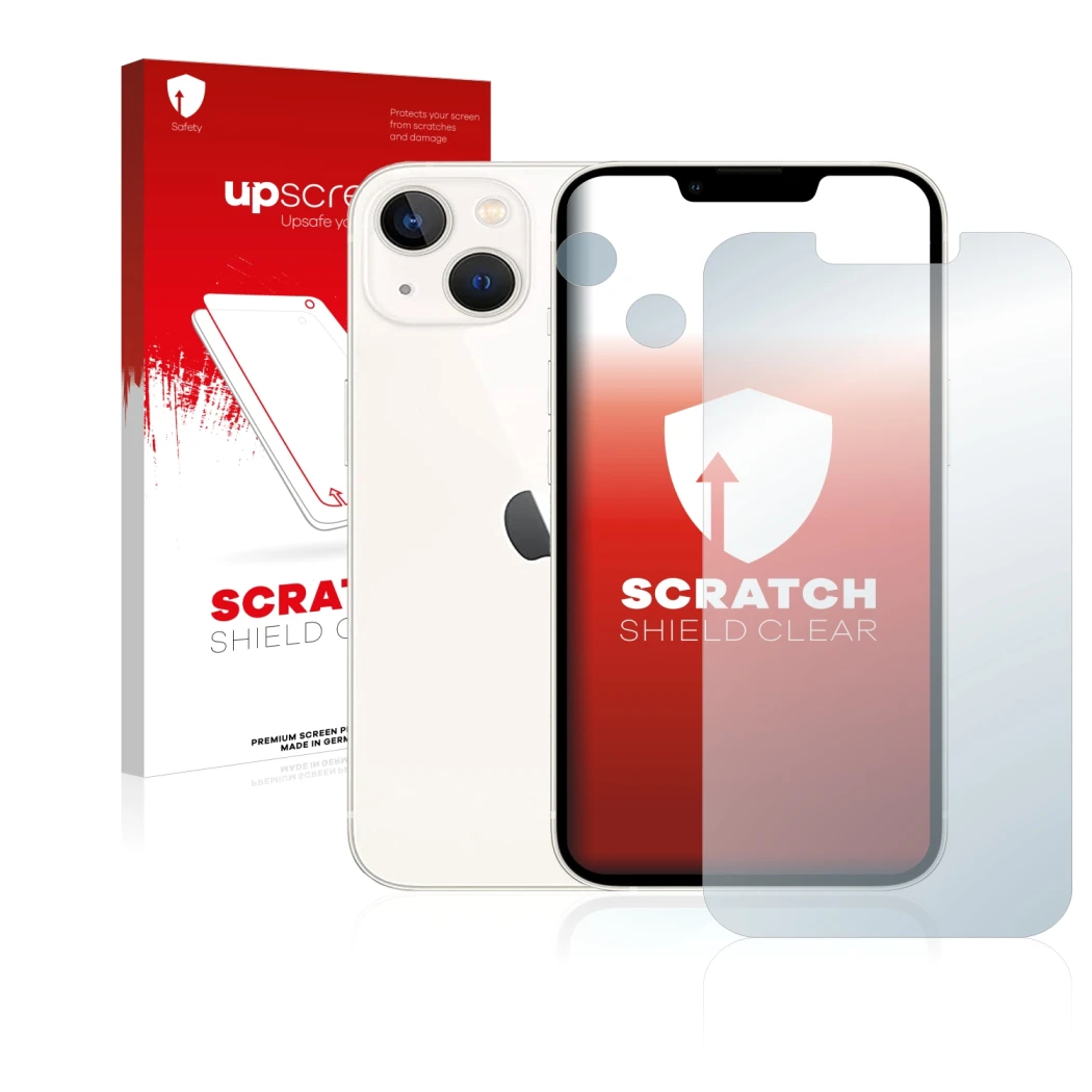 Face avant d’un emballage produit avec le logo de la marque upscreen. À côté, l’appareil Apple iPhone 13 (Avant+Caméra) est re