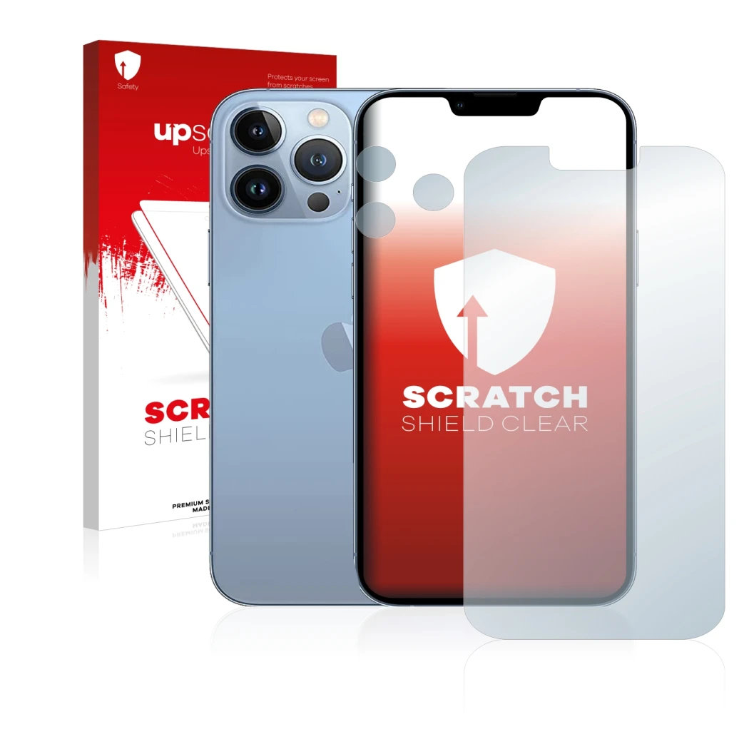 Face avant d’un emballage produit avec le logo de la marque upscreen. À côté, l’appareil Apple iPhone 13 Pro Max (Avant+Caméra