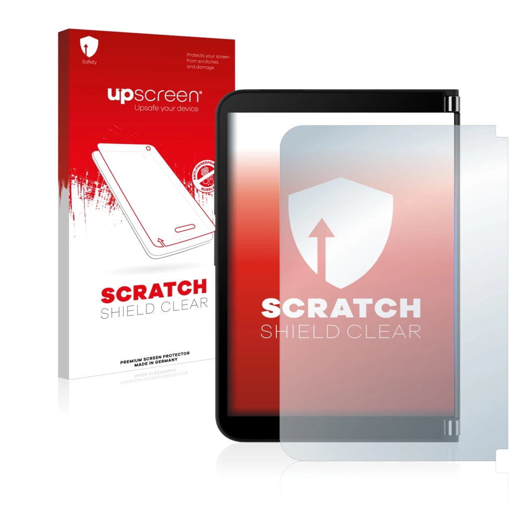 Face avant d’un emballage produit avec le logo de la marque upscreen. À côté, l’appareil Microsoft Surface Duo 2 (Affichage ex