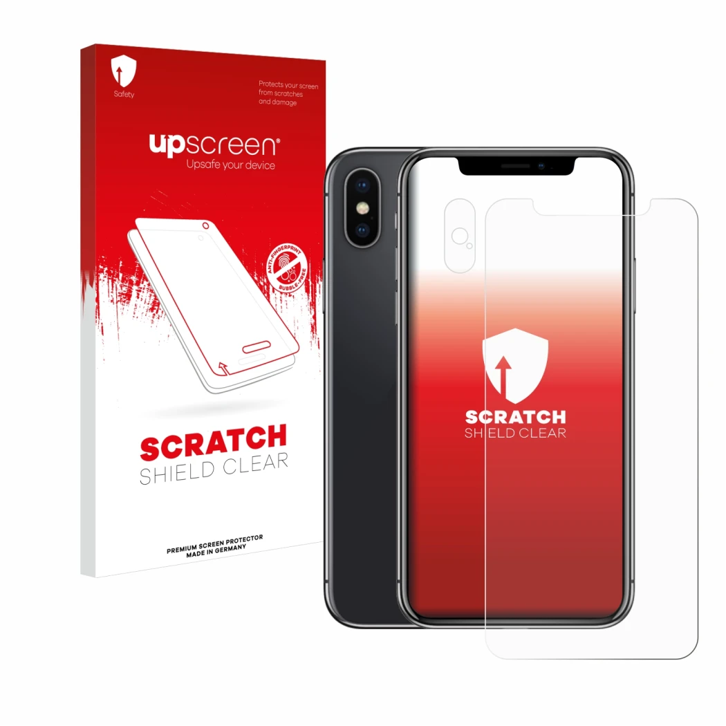 Face avant d’un emballage produit avec le logo de la marque upscreen. À côté, l’appareil Apple iPhone X (Avant+Caméra) est rep