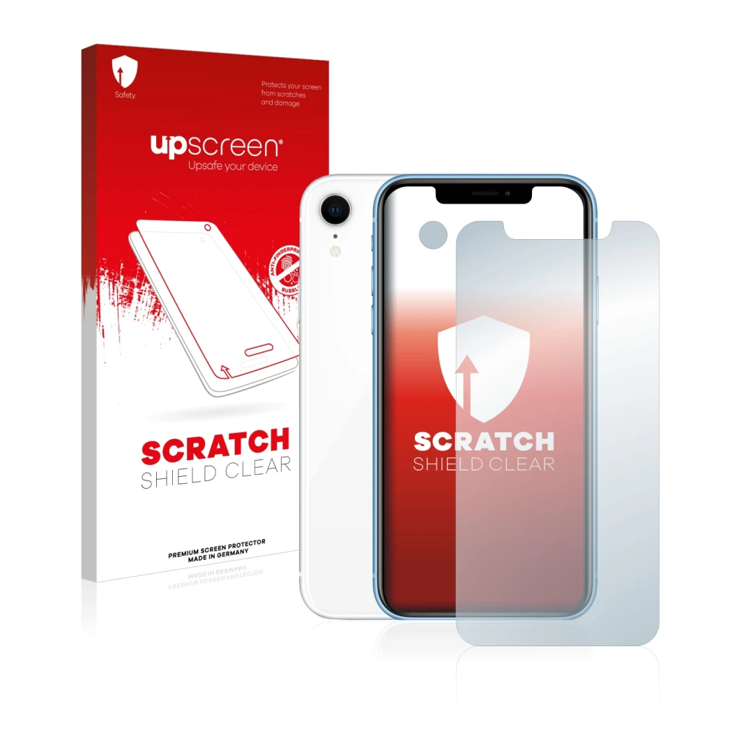 Face avant d’un emballage produit avec le logo de la marque upscreen. À côté, l’appareil Apple iPhone XR (Avant+Caméra) est re