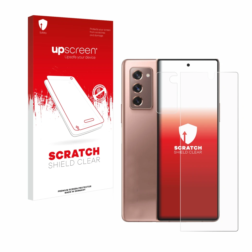 Face avant d’un emballage produit avec le logo de la marque upscreen. À côté, l’appareil Samsung Galaxy Z Fold 2 5G (Avant+Cam