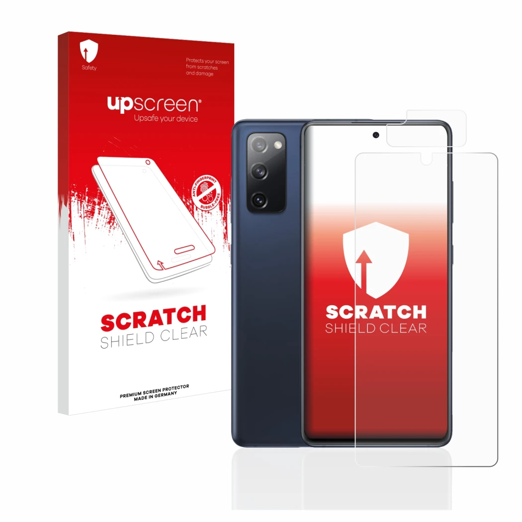 Face avant d’un emballage produit avec le logo de la marque upscreen. À côté, l’appareil Samsung Galaxy S20 FE (Avant+Caméra) 