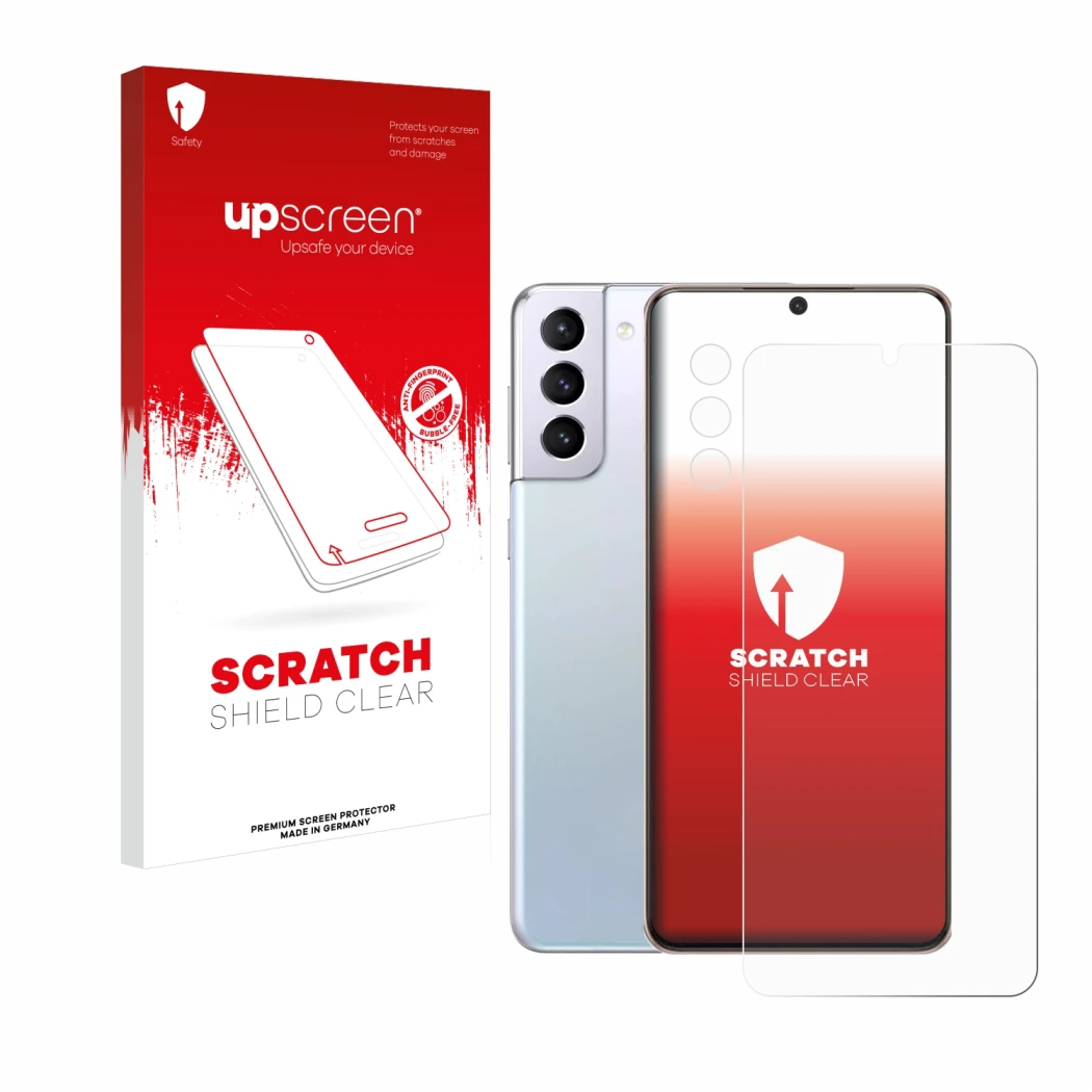 Face avant d’un emballage produit avec le logo de la marque upscreen. À côté, l’appareil Samsung Galaxy S21 Plus 5G (Avant+Cam