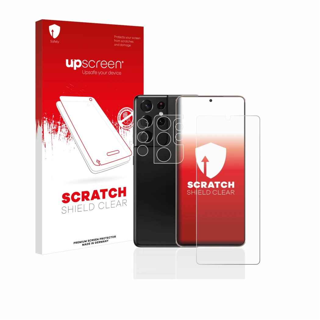 Face avant d’un emballage produit avec le logo de la marque upscreen. À côté, l’appareil Samsung Galaxy S21 Ultra 5G (Avant+Ca