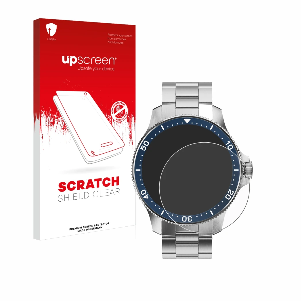 Face avant d’un emballage produit avec le logo de la marque upscreen. À côté, l’appareil Withings ScanWatch Horizon (43 mm) es