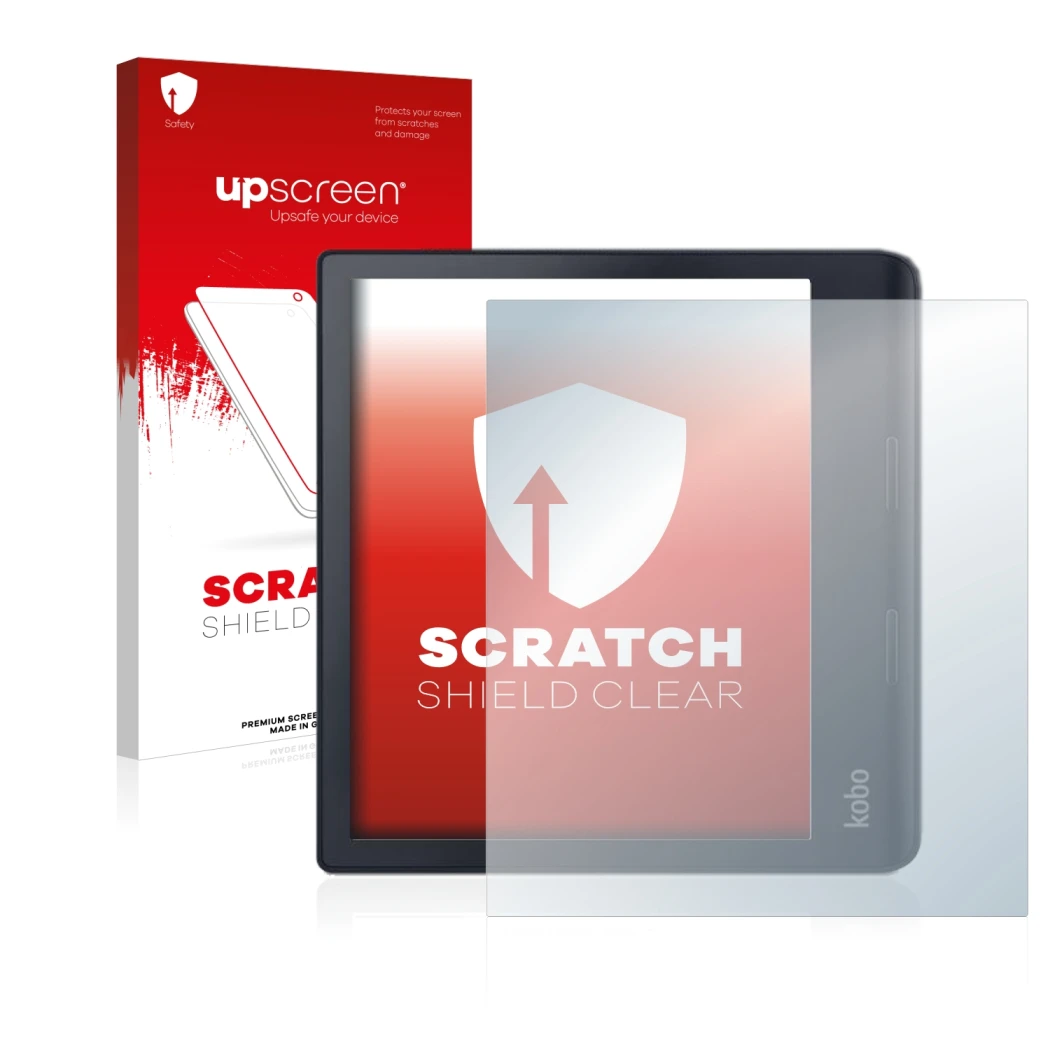Face avant d’un emballage produit avec le logo de la marque upscreen. À côté, l’appareil Kobo Sage est représenté avec la prot