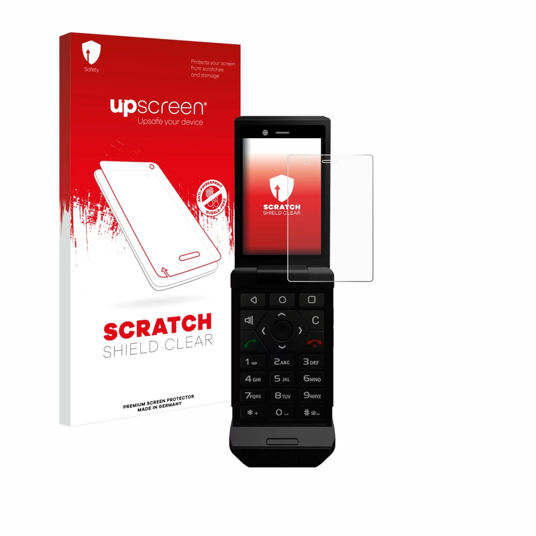 Face avant d’un emballage produit avec le logo de la marque upscreen. À côté, l’appareil Caterpillar Cat S22 Flip est représen