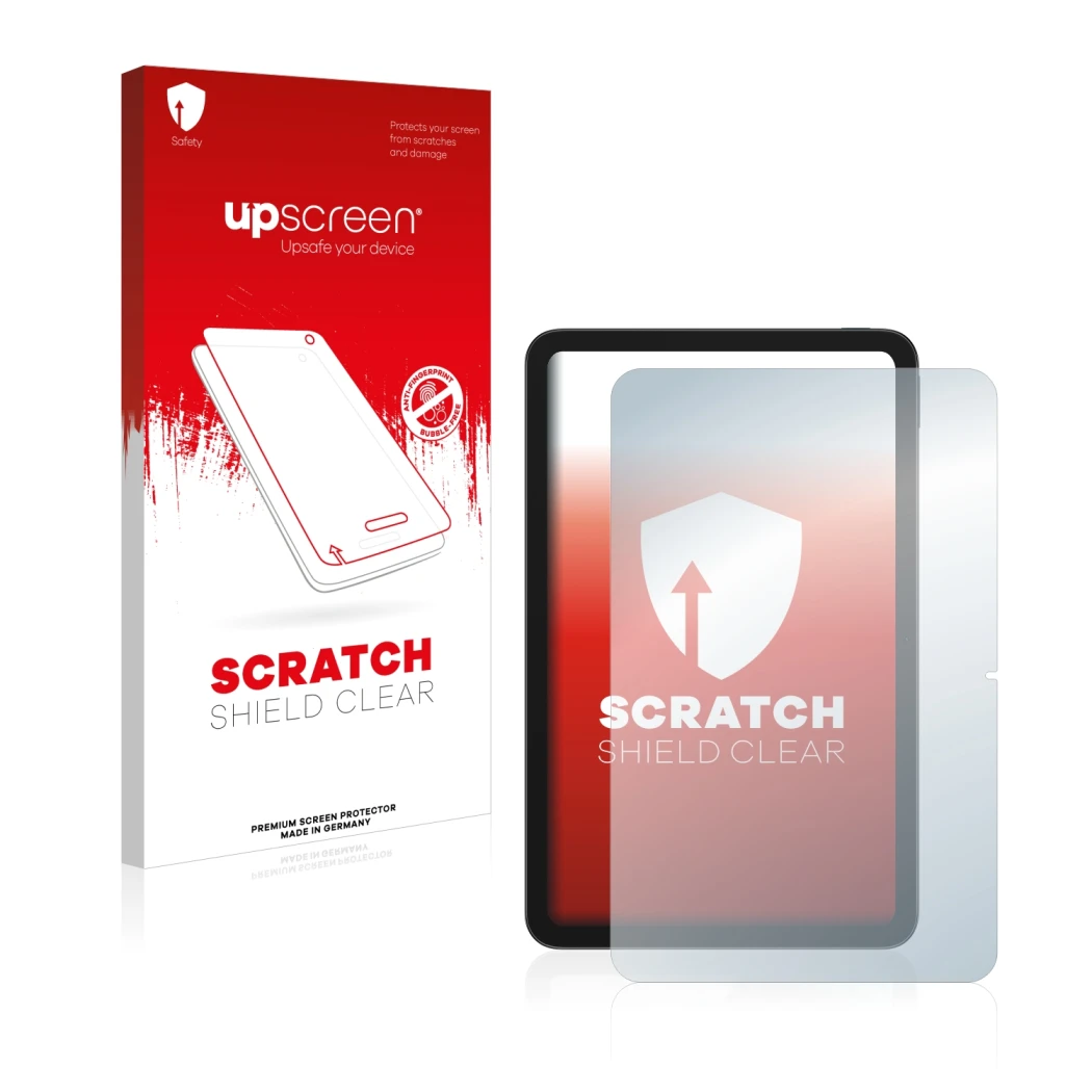 Face avant d’un emballage produit avec le logo de la marque upscreen. À côté, l’appareil Nokia T20 est représenté avec la prot