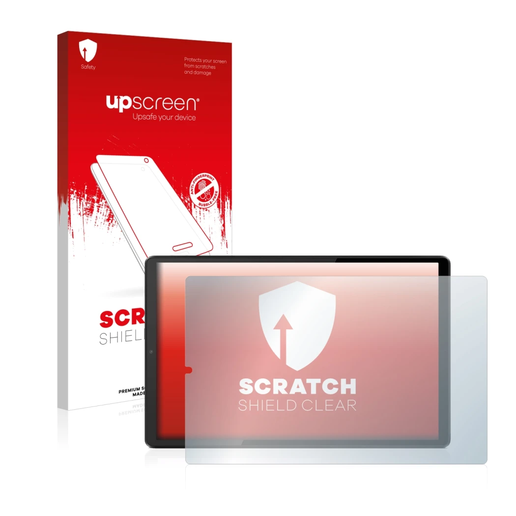 Face avant d’un emballage produit avec le logo de la marque upscreen. À côté, l’appareil Lenovo Tab K10 est représenté avec la