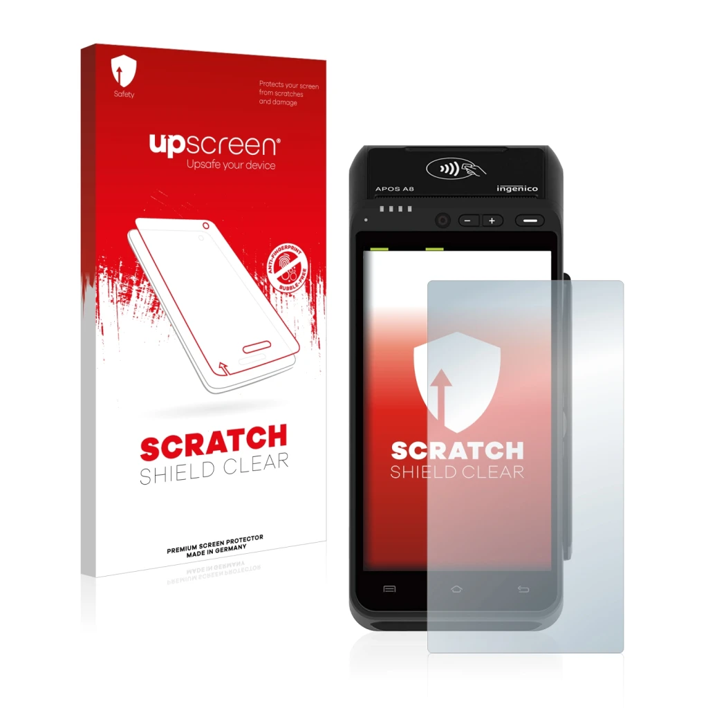 Face avant d’un emballage produit avec le logo de la marque upscreen. À côté, l’appareil ingenico Apos A8 est représenté avec