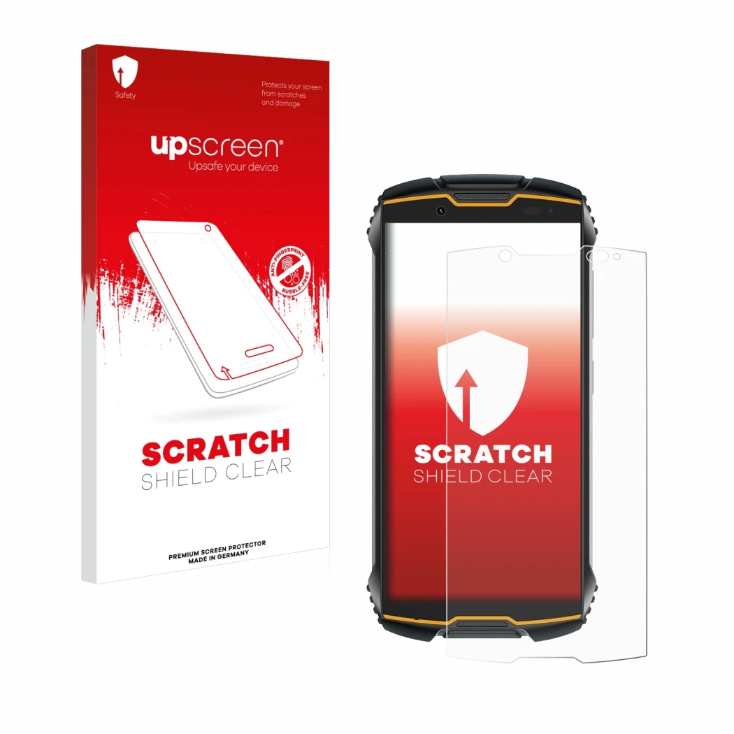 Face avant d’un emballage produit avec le logo de la marque upscreen. À côté, l’appareil Cubot King Kong Mini 2 est représenté