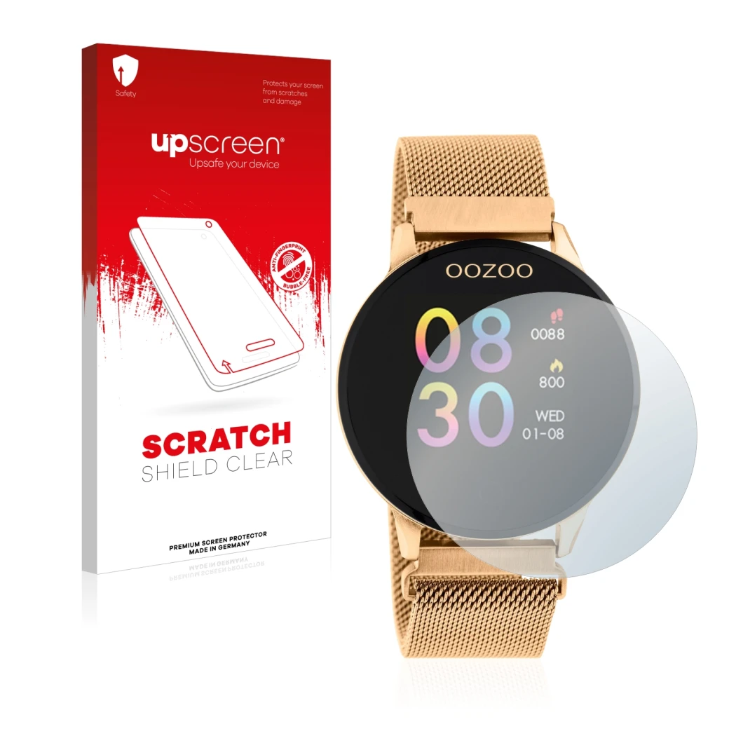 Face avant d’un emballage produit avec le logo de la marque upscreen. À côté, l’appareil Oozoo Q00117 est représenté avec la p