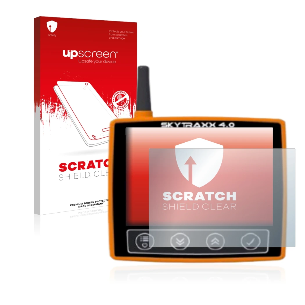 Face avant d’un emballage produit avec le logo de la marque upscreen. À côté, l’appareil Skytraxx 4.0 est représenté avec la p
