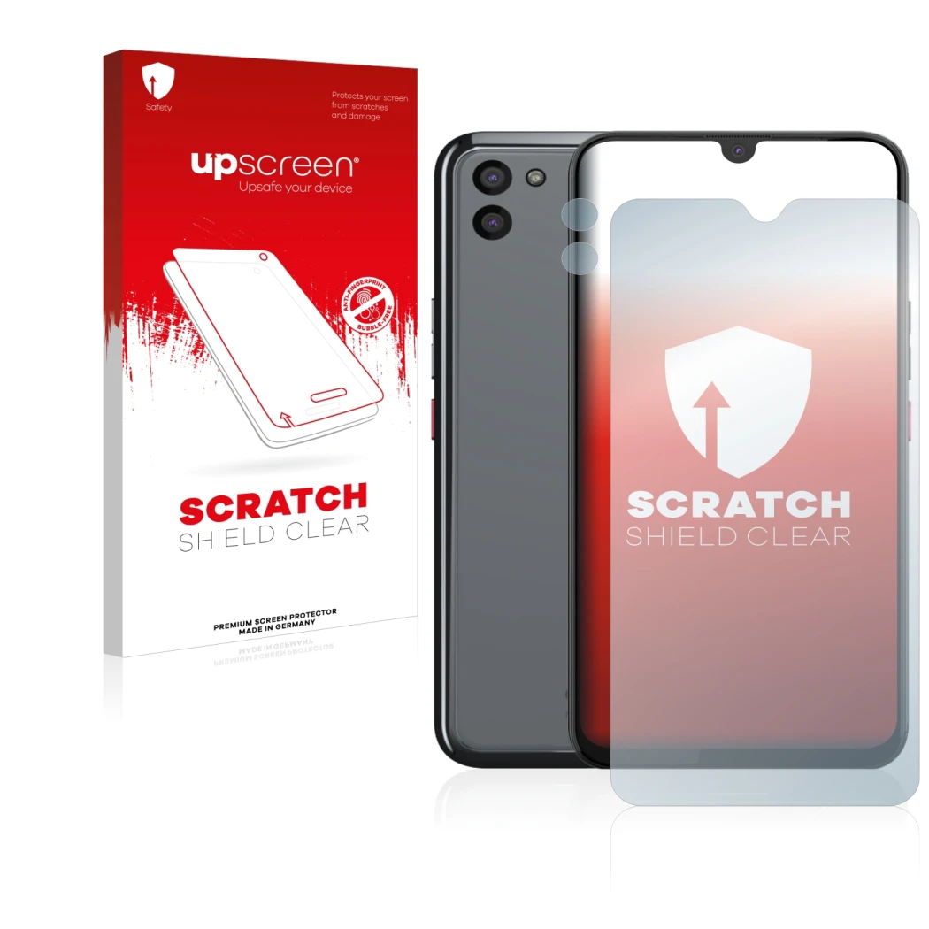 Face avant d’un emballage produit avec le logo de la marque upscreen. À côté, l’appareil Gigaset GS5 (Avant+Caméra) est représ