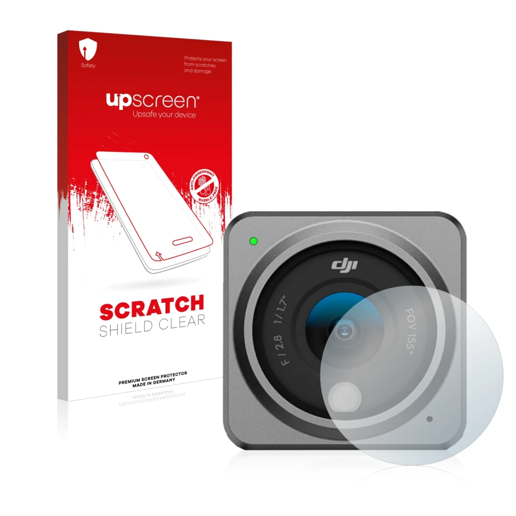 Face avant d’un emballage produit avec le logo de la marque upscreen. À côté, l’appareil DJI Action 2 Lentille (Caisse) est re
