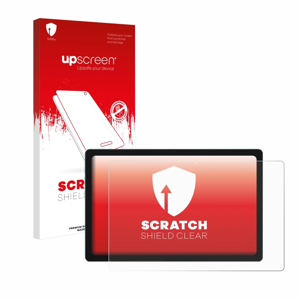 Face avant d’un emballage produit avec le logo de la marque upscreen. À côté, l’appareil Blackview Tab 11 est représenté avec 