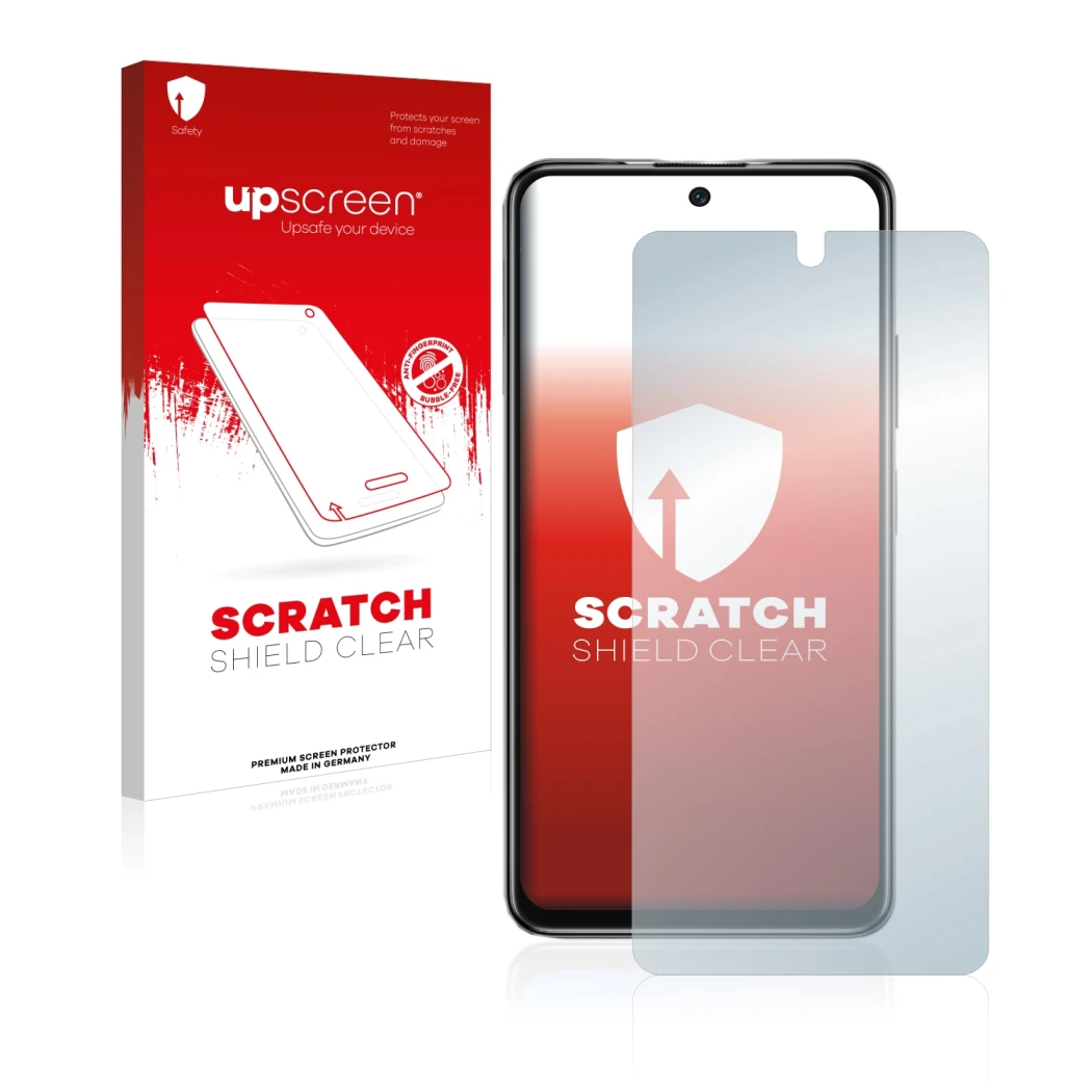 Face avant d’un emballage produit avec le logo de la marque upscreen. À côté, l’appareil Xiaomi Poco M4 Pro 5G est représenté