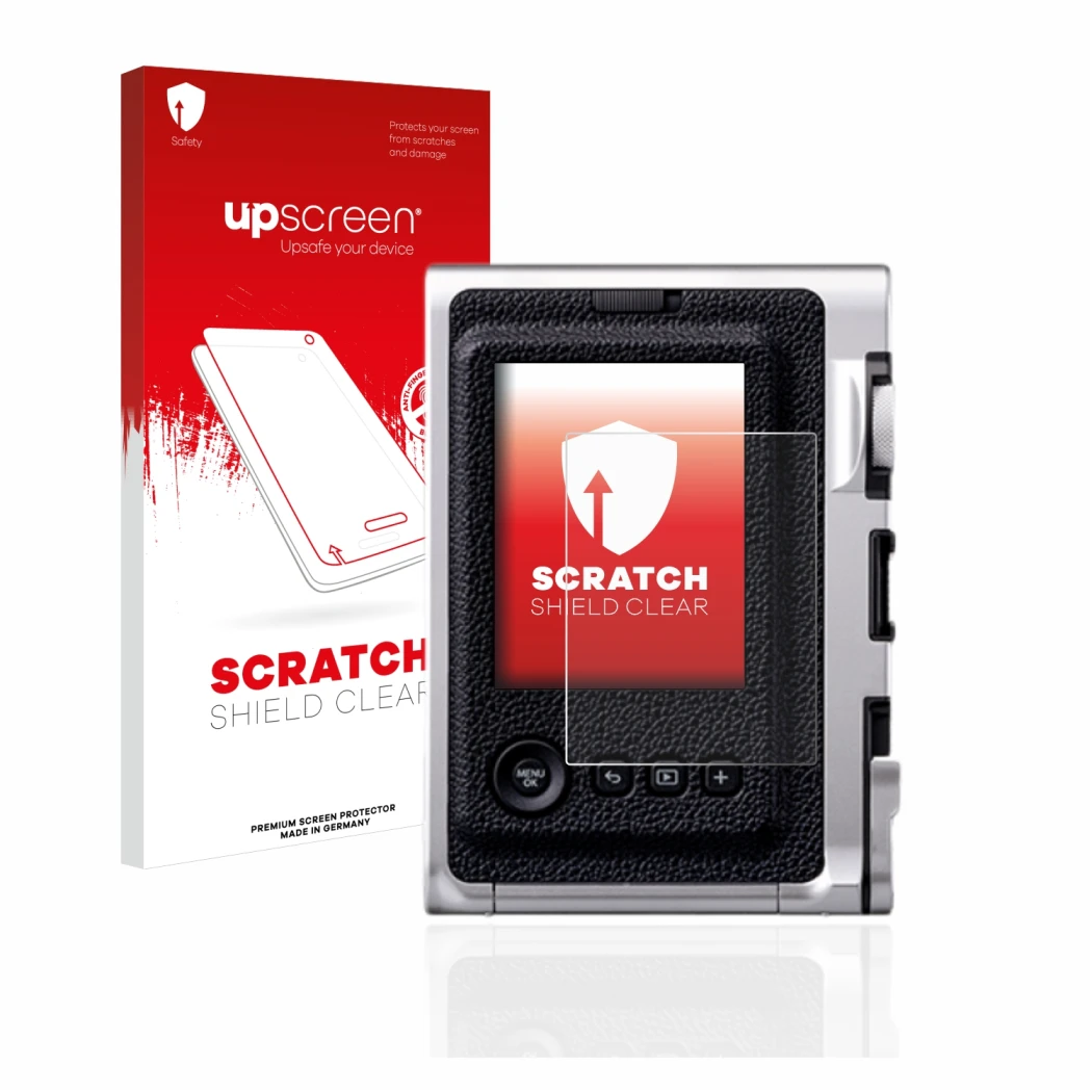 Face avant d’un emballage produit avec le logo de la marque upscreen. À côté, l’appareil Fujifilm Instax Mini Evo est représen