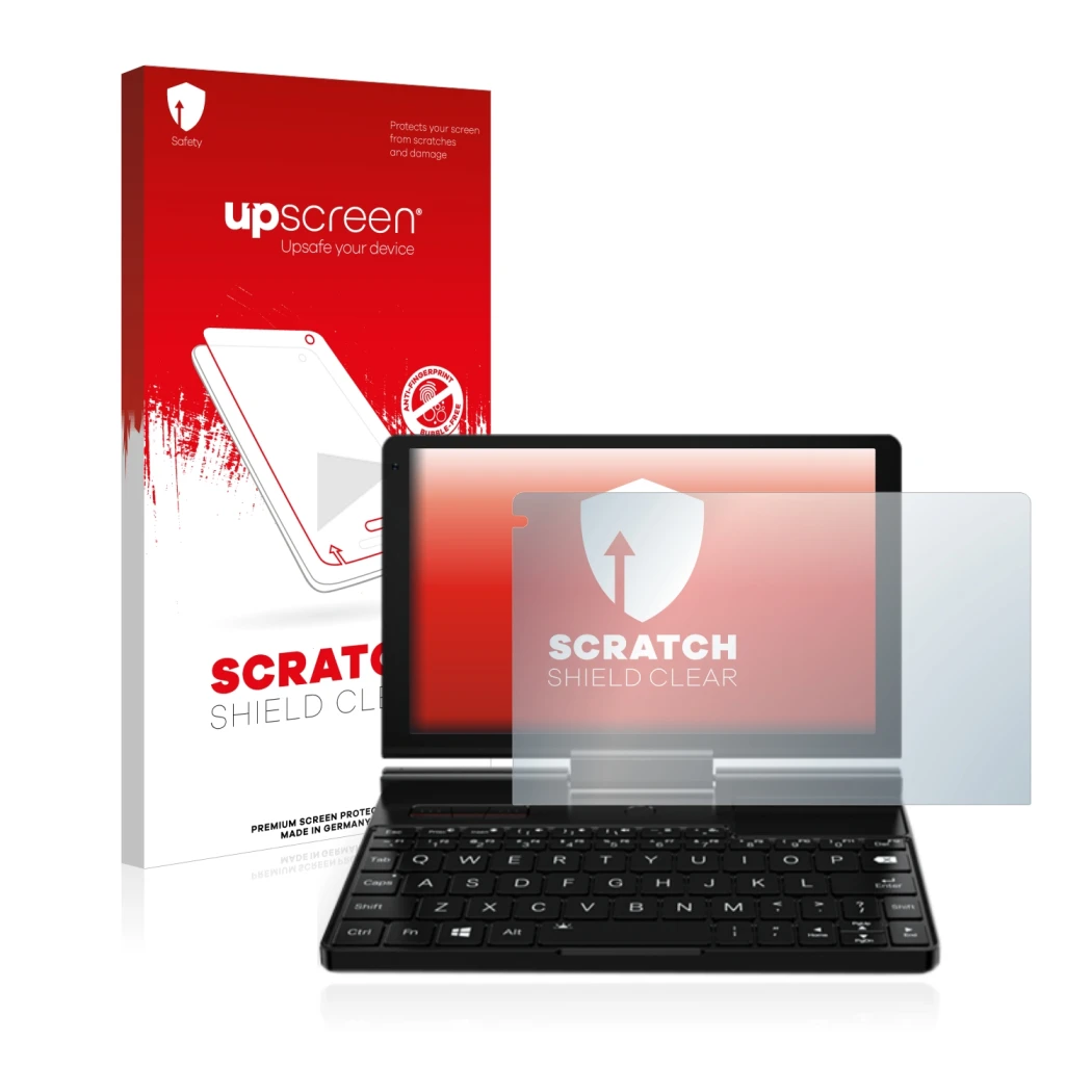 Face avant d’un emballage produit avec le logo de la marque upscreen. À côté, l’appareil GPD Pocket 3 est représenté avec la p