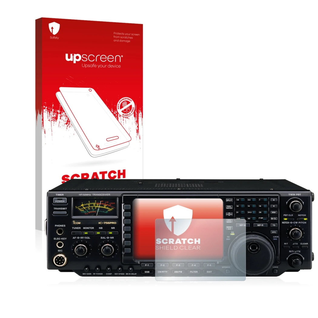 Face avant d’un emballage produit avec le logo de la marque upscreen. À côté, l’appareil Icom IC-756 Pro III est représenté av