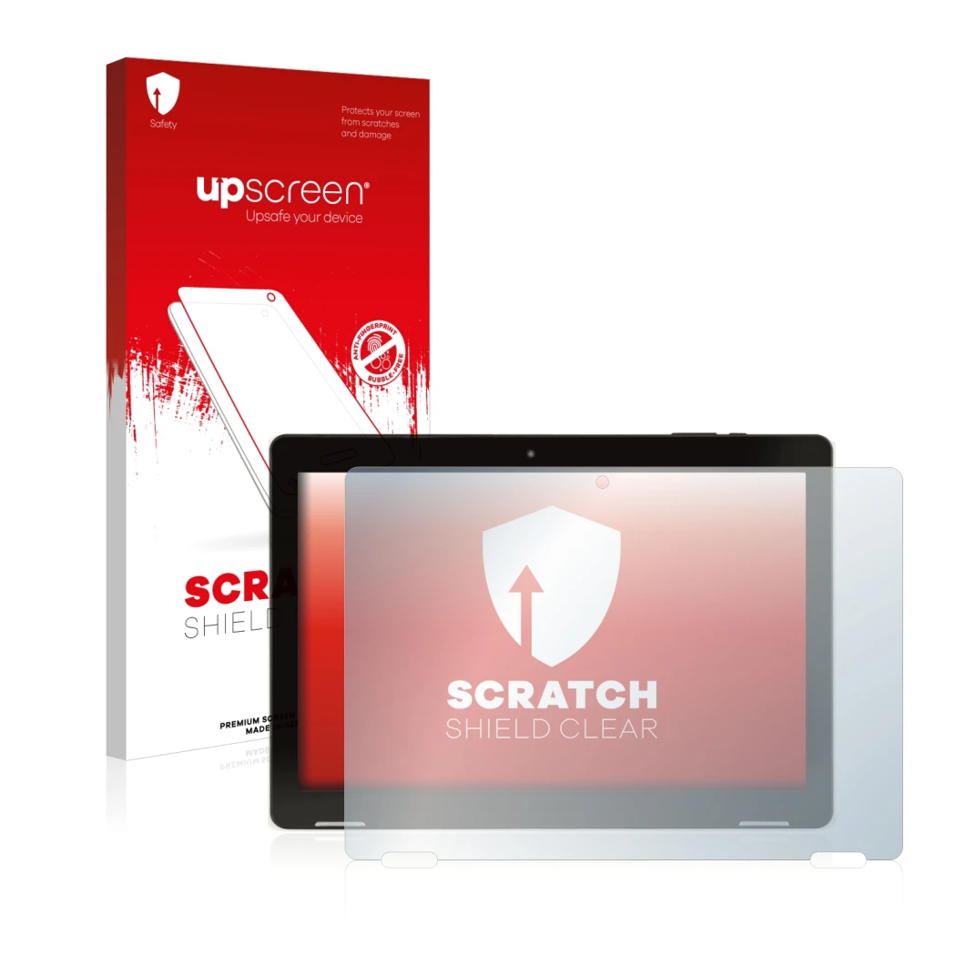 Face avant d’un emballage produit avec le logo de la marque upscreen. À côté, l’appareil Hannspree Pad Apollo 2 est représenté