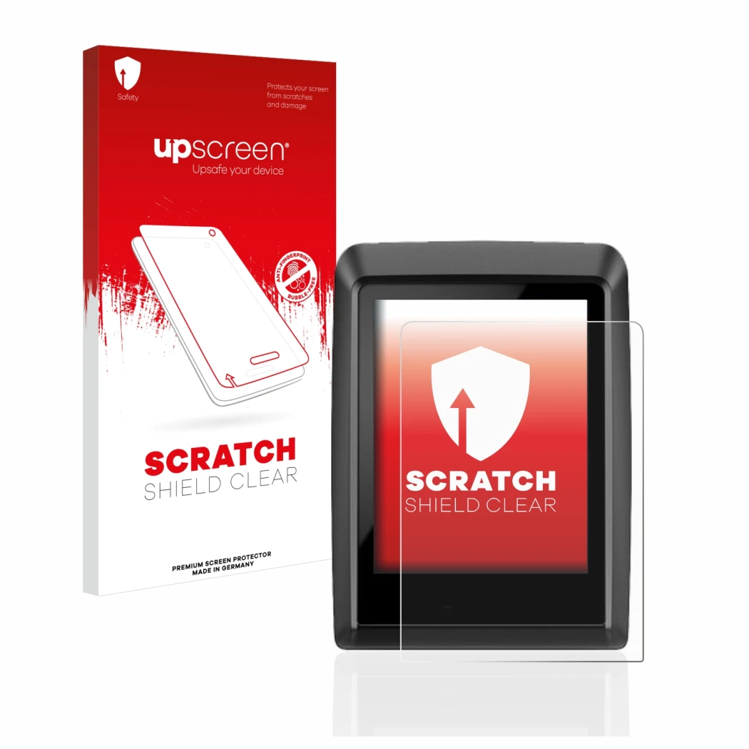 Face avant d’un emballage produit avec le logo de la marque upscreen. À côté, l’appareil Bosch Kiox 300 est représenté avec la