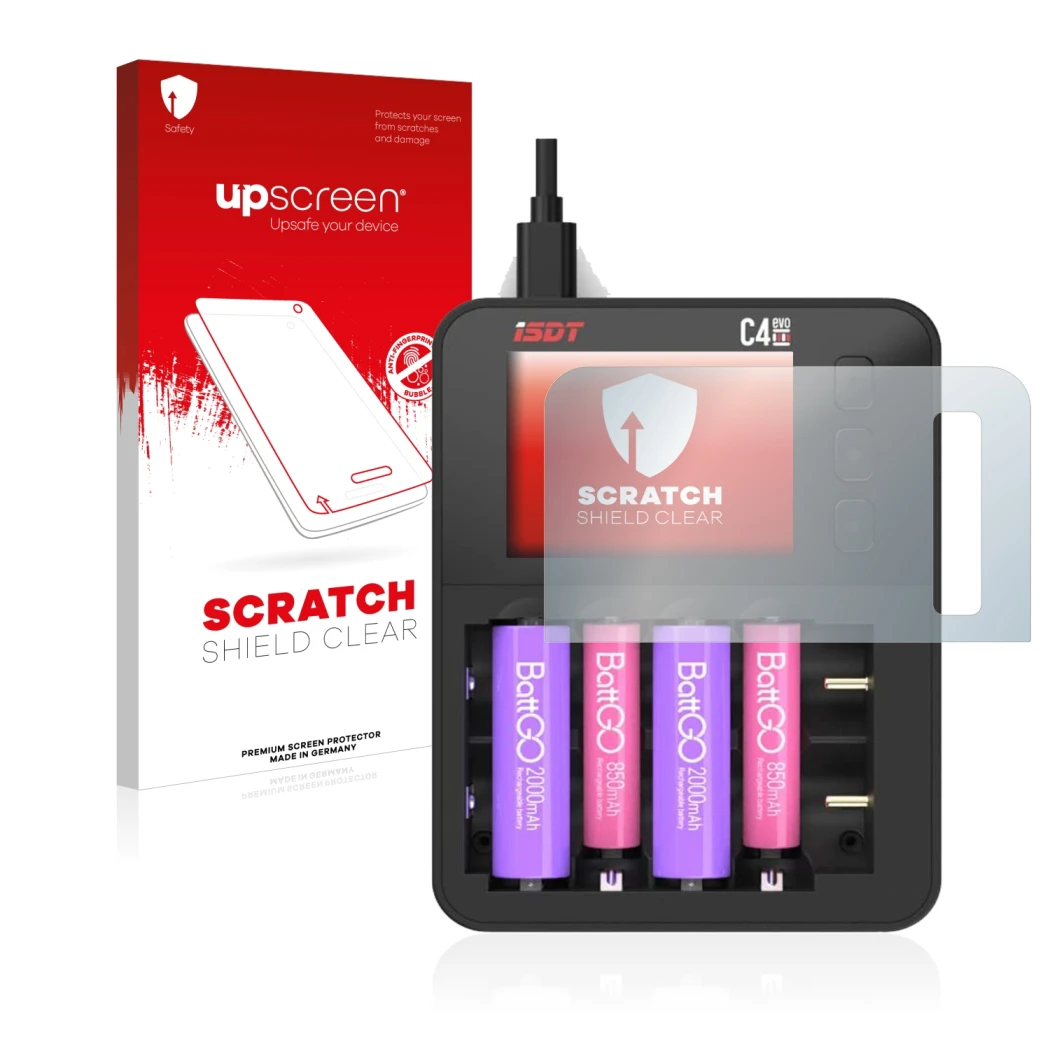 Face avant d’un emballage produit avec le logo de la marque upscreen. À côté, l’appareil ISDT C4 Evo est représenté avec la pr
