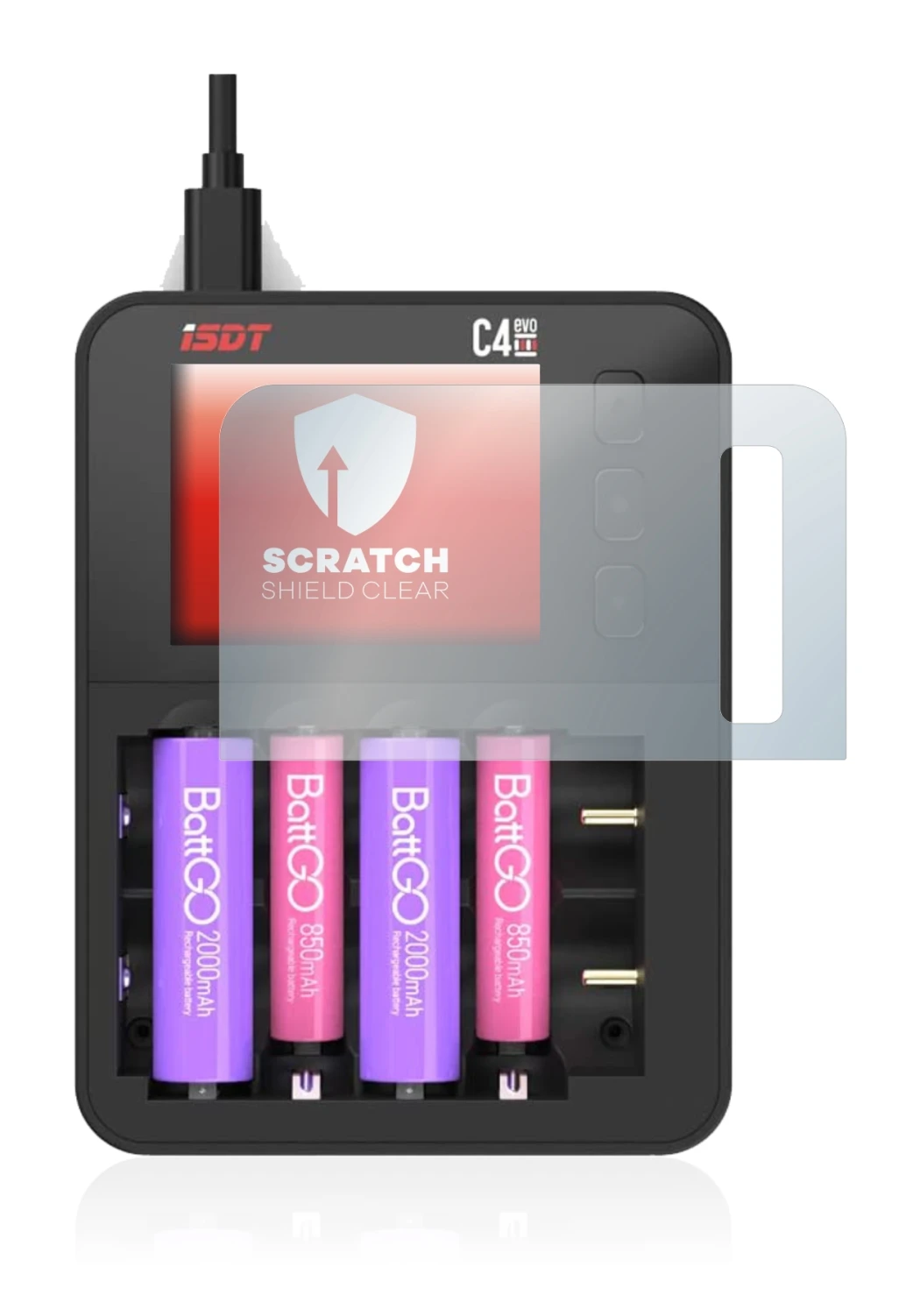 Image de l'appareil ISDT C4 Evo avec une grande variété de protections d'écran.