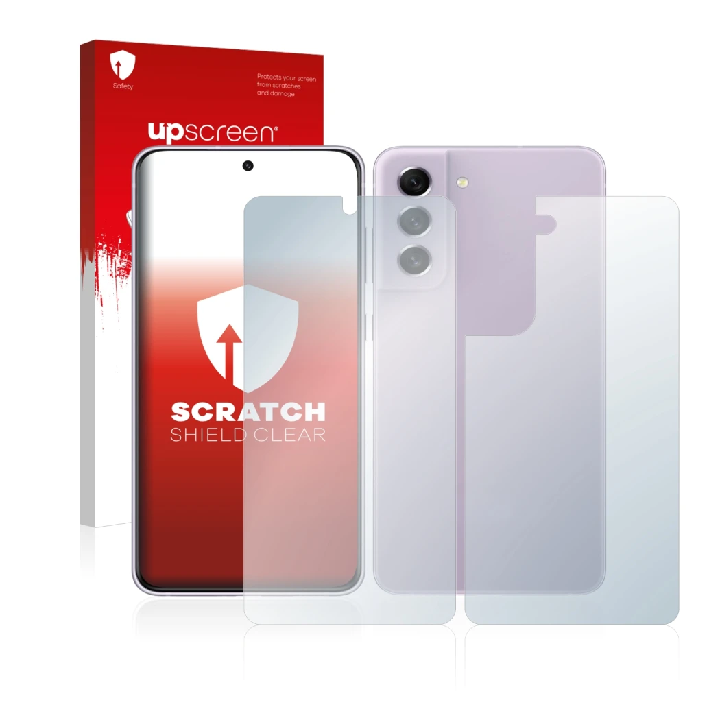Face avant d’un emballage produit avec le logo de la marque upscreen. À côté, l’appareil Samsung Galaxy S21 FE 5G (Avant+Arriè