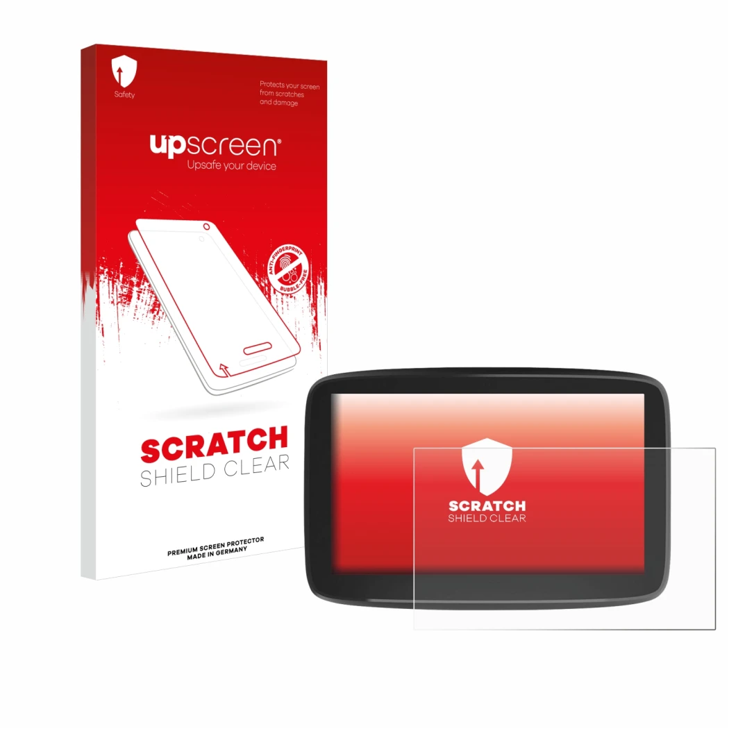 Face avant d’un emballage produit avec le logo de la marque upscreen. À côté, l’appareil TomTom GO Classic 6