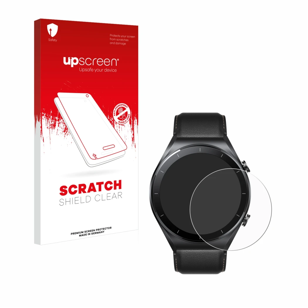 Face avant d’un emballage produit avec le logo de la marque upscreen. À côté, l’appareil Xiaomi Watch S1 est représenté avec l