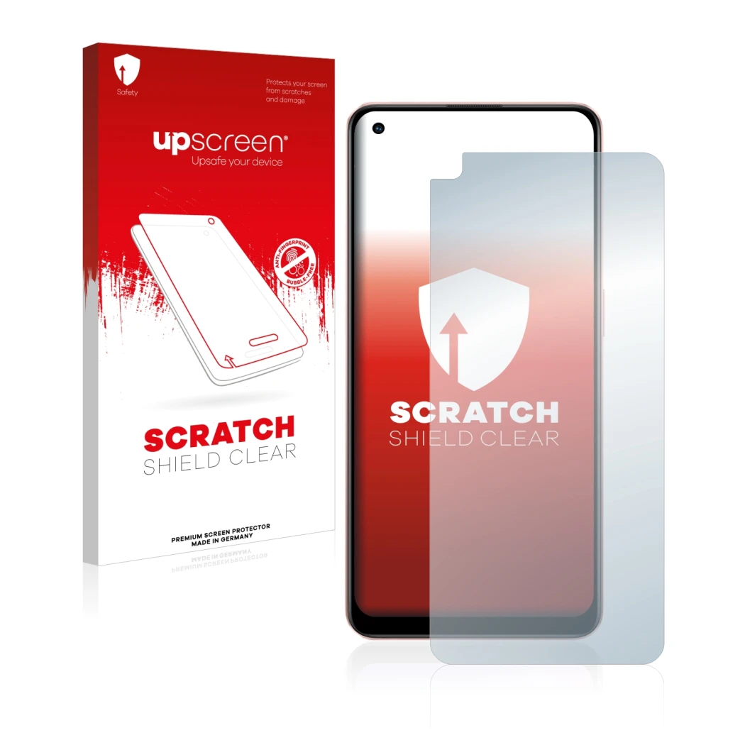 Face avant d’un emballage produit avec le logo de la marque upscreen. À côté, l’appareil Oppo A96 est représenté avec la prote