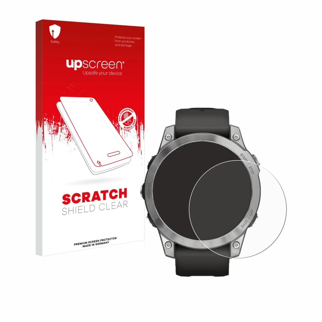 Face avant d’un emballage produit avec le logo de la marque upscreen. À côté, l’appareil Garmin Fenix 7 (47 mm) est représenté